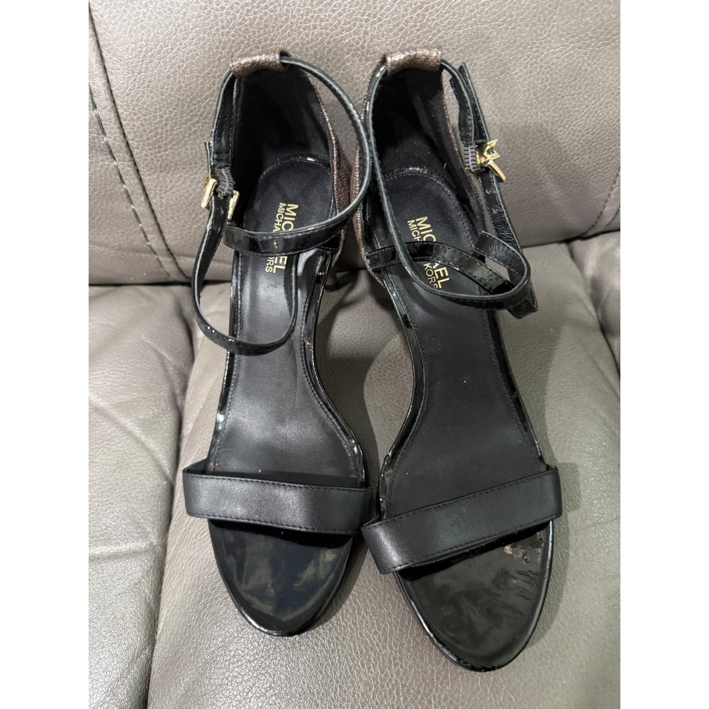 Michael Kors Black Leather Ankle Strap Sandals Signature Logo Heel 5M